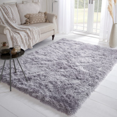 Silver Modern Plain Shaggy Easy to Clean Sparkle Rug for Living Room, Bedroom - 160cm X 225cm