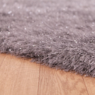 Silver Modern Plain Shaggy Easy to Clean Sparkle Rug for Living Room, Bedroom - 160cm X 225cm