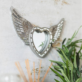 Silver Mosaic Heart Angel Wings Hanging Mirror Home Decor Wall Hanging Decoration