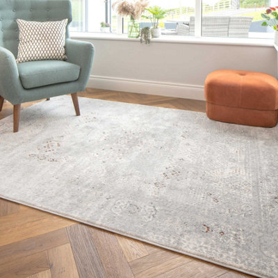 Silver Multicolour Distressed Bordered Medallion Area Rug 200x290cm