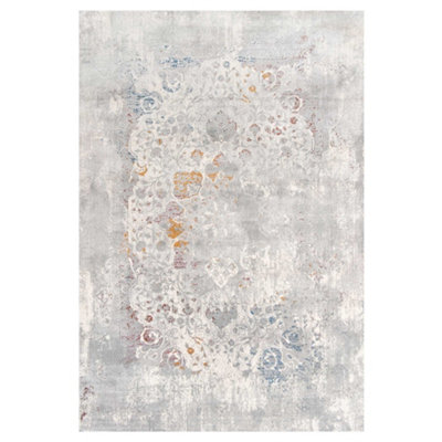 Silver Multicolour Distressed Floral Medallion Area Rug 60x110cm