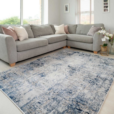 Silver Navy Blue Distressed Abstract Modern Textured Area Rug 60x110cm