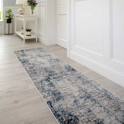 Silver Navy Blue Distressed Abstract Modern Textured Area Runner Rug 60x240cm