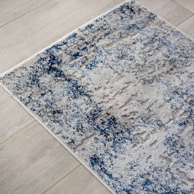 Silver Navy Blue Distressed Abstract Modern Textured Area Runner Rug 60x240cm