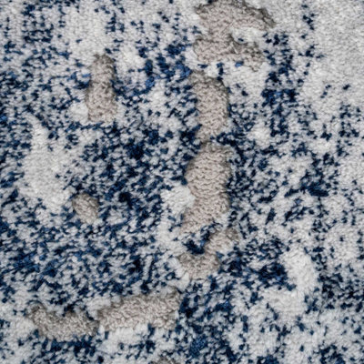 Silver Navy Blue Distressed Abstract Modern Textured Area Runner Rug 60x240cm
