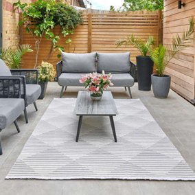 Silver Outdoor Rug, Geometric Striped Stain-Resistant Rug For Patio Decks, 3mm Modern Outdoor Area Rug-160cm X 220cm