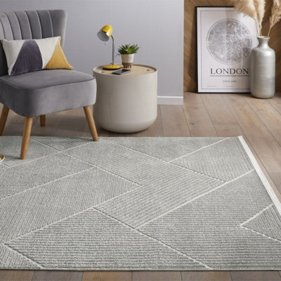Silver Outdoor Rug, Geometric Striped Stain-Resistant Rug For Patio Decks, 3mm Modern Outdoor Area Rug-190cm X 290cm