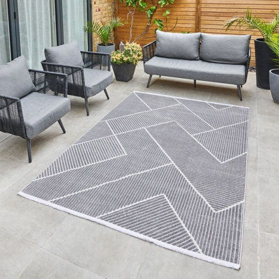 Silver Outdoor Rug, Geometric Striped Stain-Resistant Rug For Patio Decks, 3mm Modern Outdoor Area Rug-190cm X 290cm