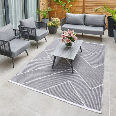 Silver Outdoor Rug, Geometric Striped Stain-Resistant Rug For Patio Decks, 3mm Modern Outdoor Area Rug-190cm X 290cm