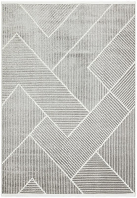 Silver Outdoor Rug, Geometric Striped Stain-Resistant Rug For Patio Decks, 3mm Modern Outdoor Area Rug-190cm X 290cm