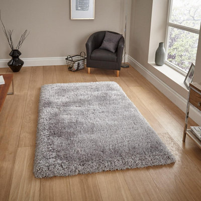 Silver Plain Shaggy Handmade Modern Easy to Clean Rug for Bedroom