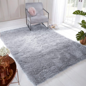 Silver Plain Shaggy Handmade Sparkle Easy to Clean Rug For Dining Room Bedroom And Living Room-120cm X 170cm