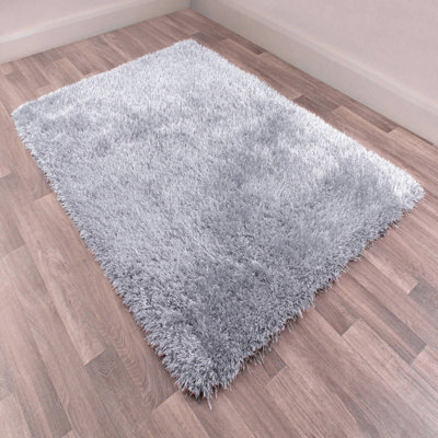 Silver Plain Shaggy Handmade Sparkle Easy to Clean Rug For Dining Room Bedroom And Living Room-60cm X 110cm