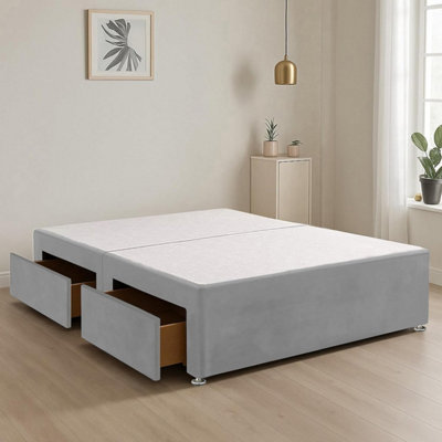 Silver Plush Fabric 4FT6 Double Bed Base with 2 Spacious Drawers