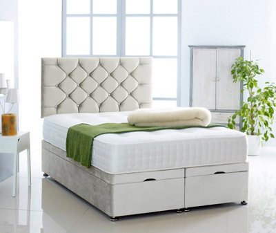 Silver Plush Foot Lift Ottoman Bed With Memory Spring Mattress And Chesterfield Headboard 2FT6 Small Single