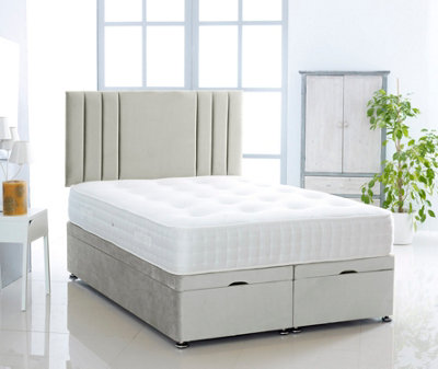 Silver Plush Foot Lift Ottoman Bed With Memory Spring Mattress And Headboard 4.0FT Small Double