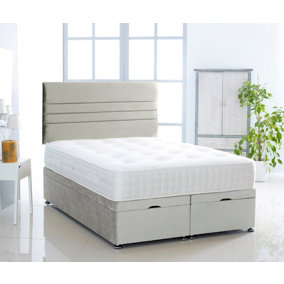 Silver Plush Foot Lift Ottoman Bed With Memory Spring Mattress And Horizontal Headboard 2FT6 Small Single