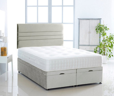 Silver Plush Foot Lift Ottoman Bed With Memory Spring Mattress And Horizontal Headboard 6.0 FT Super King