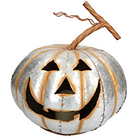 Silver Pumpkin Jack O Lantern Halloween Light Up Candle Metal Decoration Garden