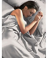 Silver Satin King Duvet Cover, Fitted Sheet and 4 Pillowcases Bedding Set