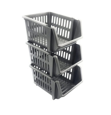 Silver Set of 3 Plastic Stacking Basket Multi-Purpose Storage Stackable Shelves For Vegetable Fruit Food Organize Rack Stand 18cm