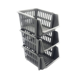 Silver Set of 3 Plastic Stacking Basket Multi-Purpose Storage Stackable Shelves For Vegetable Fruit Food Organize Rack Stand 18cm