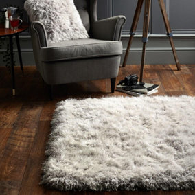 Silver Shaggy Luxurious Modern Plain Easy to Clean Bedroom Dining Room And Living Room Rug -43cm X 43cm