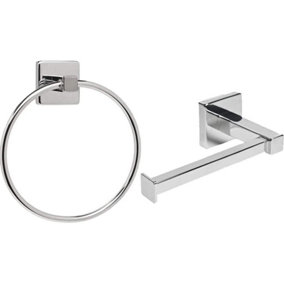 Silver Square Design Toilet Roll Holder + Towel Ring Bathroom Set