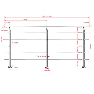 Silver stainless steel handrail kit with 5 horizontal bars,dimensions ...