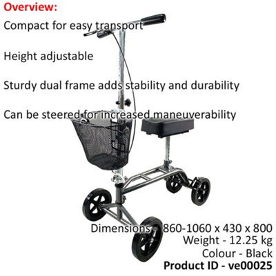 Silver Steerable Knee Walker - Height Adjustable Compact Mobility Walking Aid