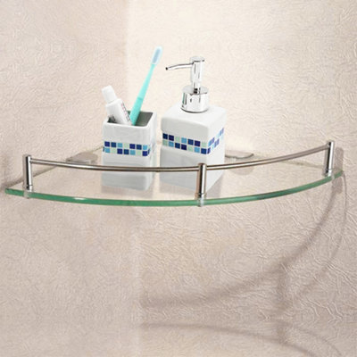 Silver Tempered Glass Wall Mounted Bathroom Corner Shelf 20 cm