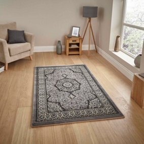 Silver Traditional Easy to Clean Bordered Floral Rug For Dining Room-120cm X 170cm