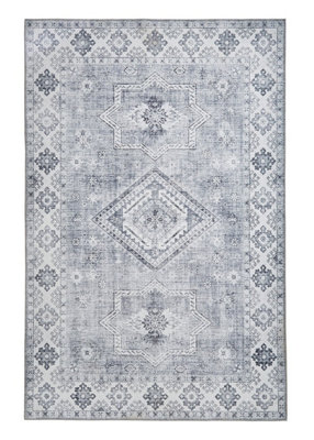 Silver Traditional Rug Persian Geometric Bordered Rug for Living Room Bedroom and Dining Room-120cm X 170cm