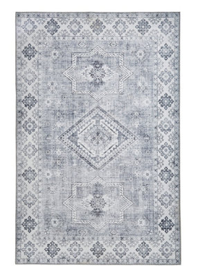 Silver Traditional Rug Persian Geometric Bordered Rug for Living Room ...