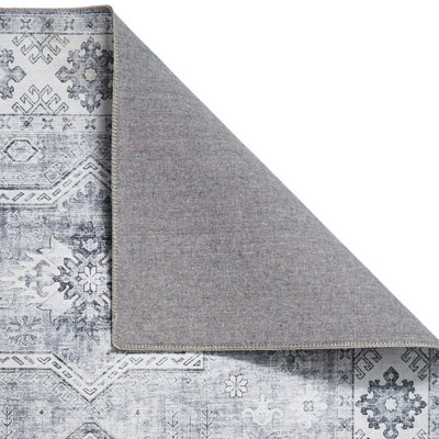 Silver Traditional Rug Persian Geometric Bordered Rug for Living Room Bedroom and Dining Room-60 X 225cm (Runner)