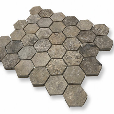 Silver Travertine Hexagon Mosaic Tile, 30.5 x 28.5cm, Sold Per Tile