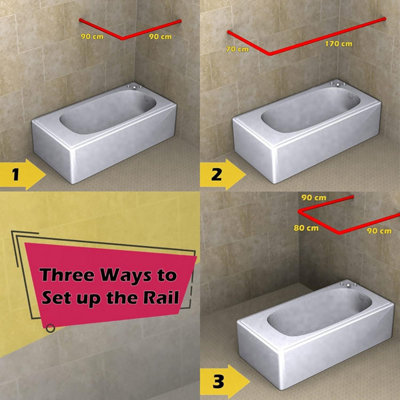 Silver U&L Shape Corner Shower Rail 3 Way Angled with Wall Adapter and Ceiling Support
