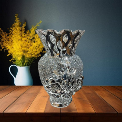 Silver Vase For Flowers Handmade Style Glitter Vase Decorative (20Cm)