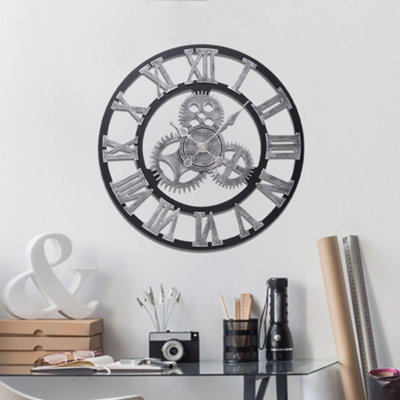 Silver Wall Clock Metal Retro Roman Numeral Clock Modern Round Wall ...