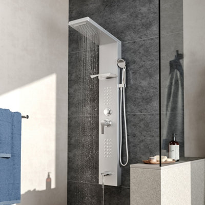 Silver Wall Mount Stainless Steel Shower Panel Tower System with Shelf and Handle Adjustment