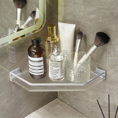 Silver Wall Mounted Acrylic Bathroom Corner Shelf Shower Storage Organiser