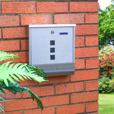 Silver Wall Mounted Lockable Letterbox - Stainless Steel Mail Box with Top Opening Flap, Newspaper Holder & Name or Number Slot