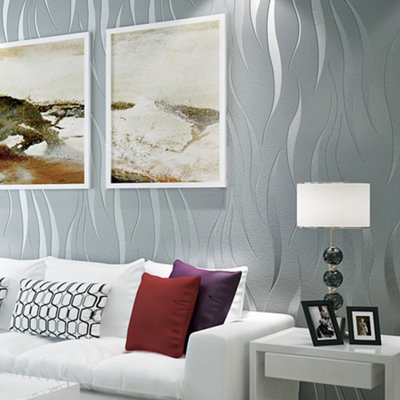 Silver Wave Embossed Striped Wallpaper Roll 9.5m x 0.53m