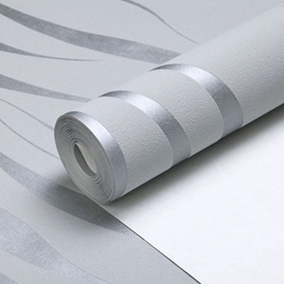 Silver Wave Embossed Striped Wallpaper Roll 9.5m x 0.53m