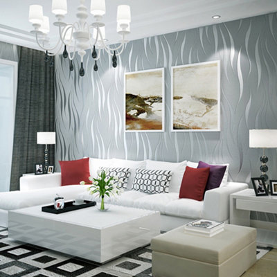 Silver Wave Embossed Striped Wallpaper Roll Modern Wall Decor 9.5m x 0.53m