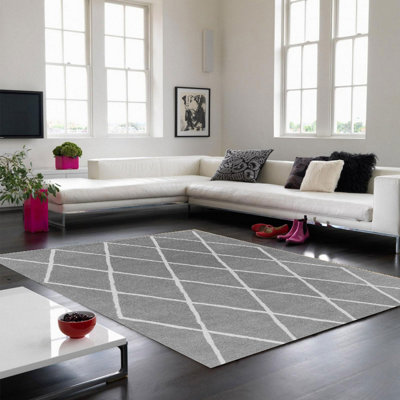 Silver Wool Diamond Handmade Chequered Geometric Bedroom & Living Room Rug -200cm X 290cm