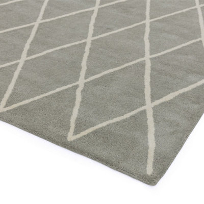 Silver Wool Diamond Handmade Chequered Geometric Bedroom & Living Room Rug -200cm X 290cm
