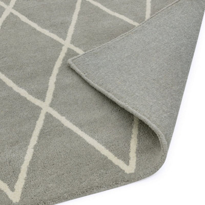 Silver Wool Diamond Handmade Chequered Geometric Bedroom & Living Room Rug -200cm X 290cm