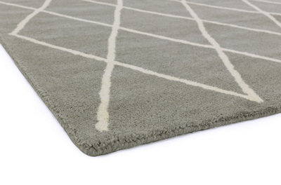 Silver Wool Diamond Handmade Chequered Geometric Bedroom & Living Room Rug -200cm X 290cm