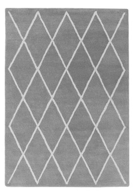 Silver Wool Diamond Handmade Chequered Geometric Bedroom & Living Room Rug -200cm X 290cm